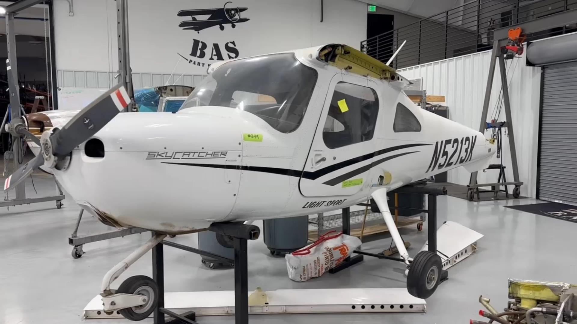 Cessna 162 Skycatcher in the BAS salvage aircraft hangar for disassembly